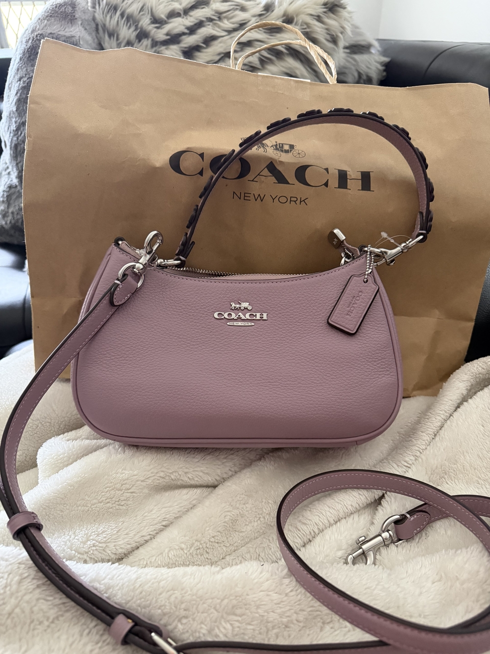 Coach Lilac Pebbled Leather Shoulder Bag with Silver Hardware